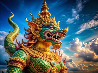 Majestic Naga King Soaring Against a Vibrant Blue Sky - Fantasy Stock Photo