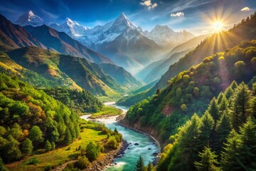 Fototapeta premium Majestic Nepal Himalayas: Sunny Mountain Landscape with River & Forest Bokeh