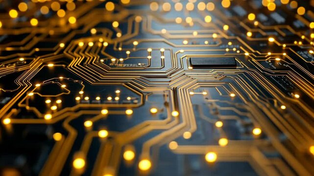 Close-up view of a circuit board showcasing intricate patterns and glowing components at night