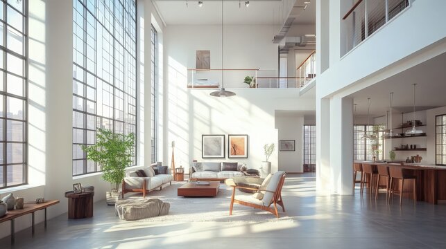 A sunlit modern loft with high ceilings, large windows, Perfect for real estate listings, interior design projects, architecture portfolios, and home decor inspiration.