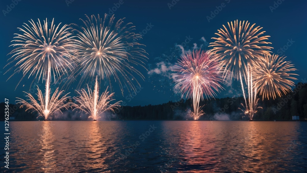 Poster colorful fireworks display over a calm lake at night with space for text and messaging