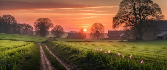 Obraz premium Tranquil Countryside Sunset with Silhouetted Trees and Blooming Wildflowers in Late Spring Evening Light
