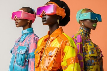 Fashion models wearing futuristic visors and colorful clothing