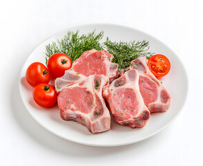 Fototapeta premium Raw Veal Shanks with Tomatoes and Dill on a White Plate