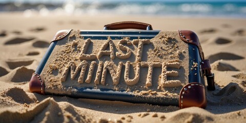 Sand suitcase with last minute text on beach sandy background for travel planning concept with space for promotional text or advertisement.