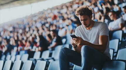 Social media rumors affecting a man at a sports event. Featuring frustration and anxiety
