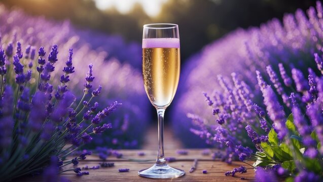 Lavender Fields and Champagne Glass with Empty Space for Text Romantic Dinner or Celebration Inspired by Nature and Elegance