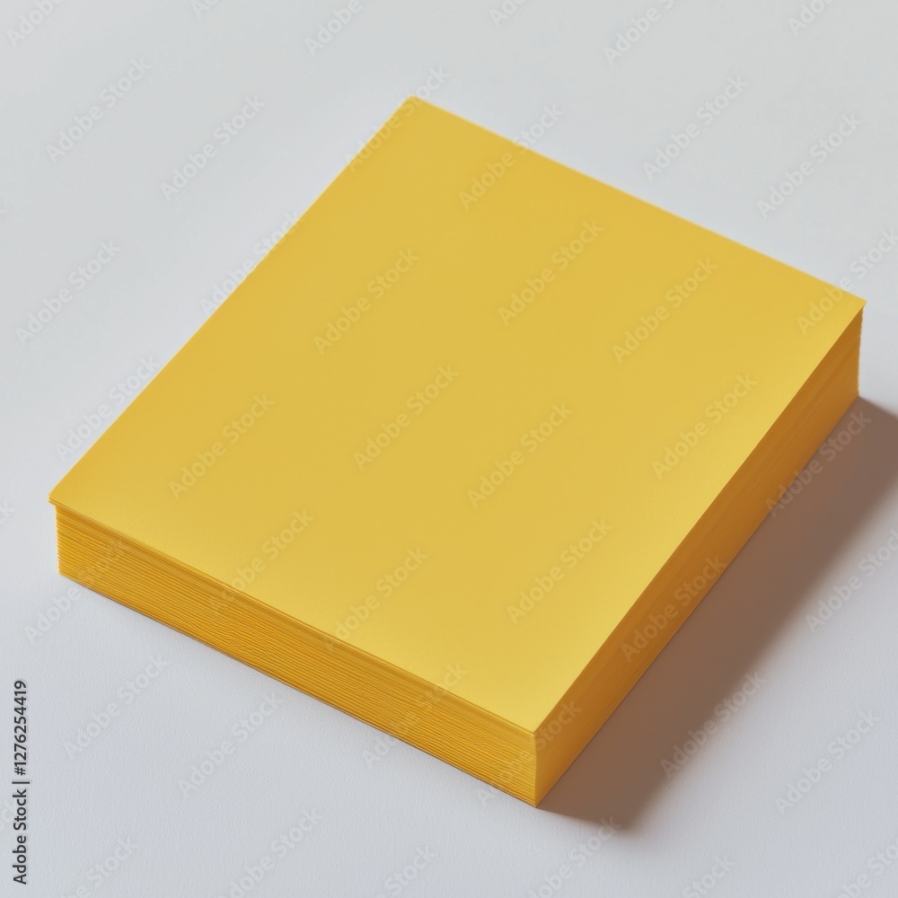 Aufkleber close-up of a vibrant yellow square sticky note block resting on a plain white surface, ideal for br
