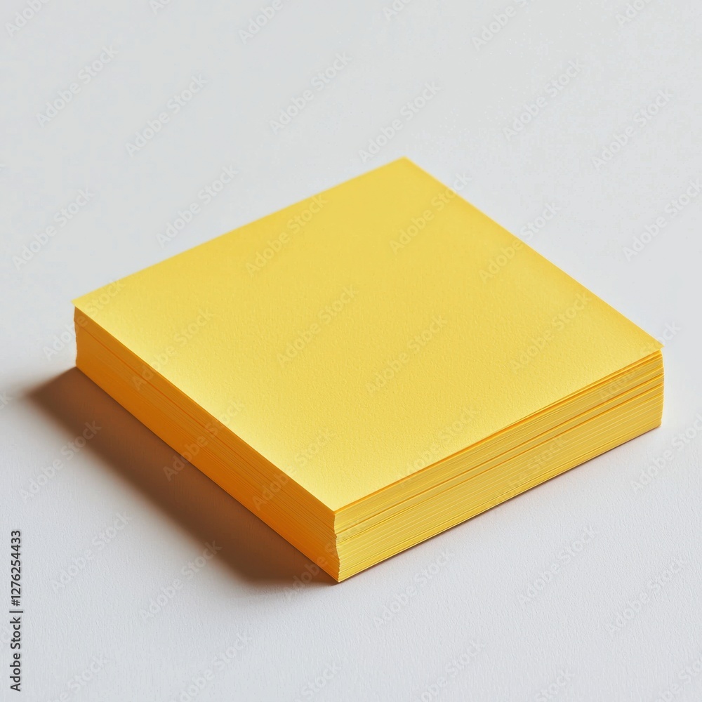 Poster close-up shot of a stack of vibrant yellow square sticky notes on a white surface, representing orga