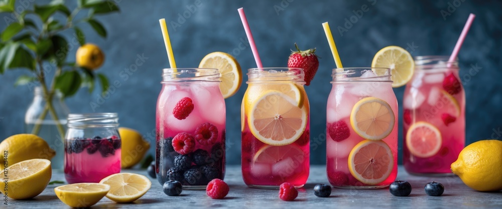 Poster refreshing berry lemonade display with citrus garnish and copy space for text elements