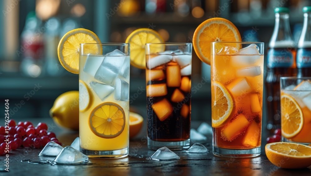 Poster refreshing citrus soft drinks with ice cubes in highball glasses garnished with lemon and orange sli