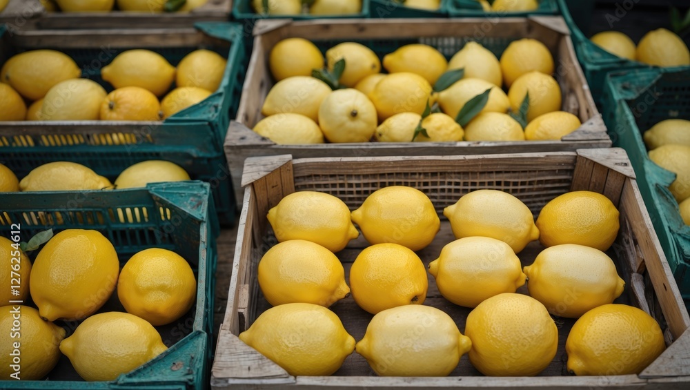 Poster fresh lemons displayed in wooden crates with copy space for text usage in ads or marketing material