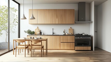 Modern Minimalist Kitchen Design Featuring Natural Wood Elements and Bright Open Space with Contemporary Dining Area