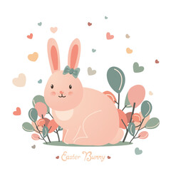 one cute easter pink bunny with gradien effect and with coloful hearts. vector easter art with sweet pink rabbit