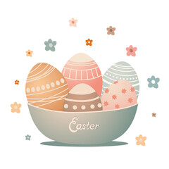 five colorful easter eggs in big green bowl with gradien effect. vector easter with group of five colorful eggs