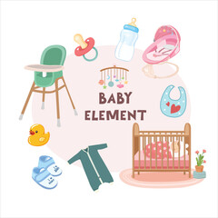 Baby element vector set in cartoon style. Baby item clipart in flat design. Baby shower concept.  Products, furniture for caring newborn baby or infant. High chair, bottle, bib, pacifier, shoes