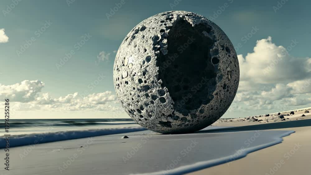 Poster mysterious spherical object on the beach under a cloudy sky during late afternoon