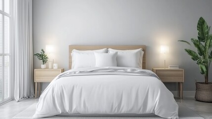 Fototapeta premium Serene Minimalist Bedroom with Elegant Bedding and Natural Elements for Peaceful Living Space Design