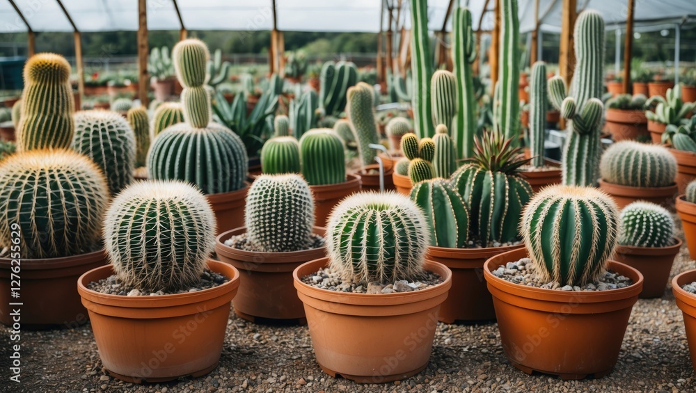 Poster variety of cactus types in large pots displayed in greenhouse setting with room for text overlay
