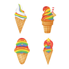Set of Colorful Rainbow Ice Cream Sundae Illustration