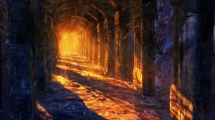 A sunlit corridor with warm orange hues illuminating the stone archways, surrounded by nature's overgrowth