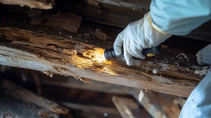 Inspecting Damaged Wood with Flashlight Showing Pest or Water Damage