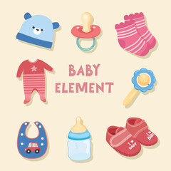 Baby element vector set in cartoon style. Baby item clipart in flat design. Baby shower concept.  Products, furniture for caring newborn baby or infant.  Hat, bottle, bib, pacifier, shoes, sock