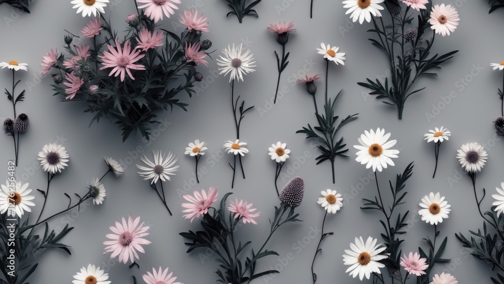 Poster floral pattern of aster and cornflowers with monochrome style and copy space for text ideal for aest