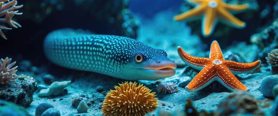 Obraz premium Vibrant underwater scene featuring a moray eel and starfish amidst colorful coral reef and marine life in a tropical ocean environment.