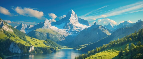 Fototapeta premium Majestic Mountain Landscape with Lush Green Valley and Clear Blue Sky in Summer Serenity
