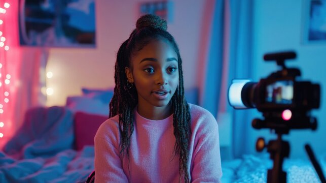 young woman vlogging in bedroom