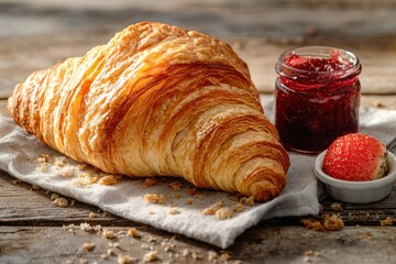 Freshly baked croissant on linen, complemented by strawberry jam in a jar and a ripe strawberry, sitting on a rustic wooden table, inviting a delicious and sweet morning meal.