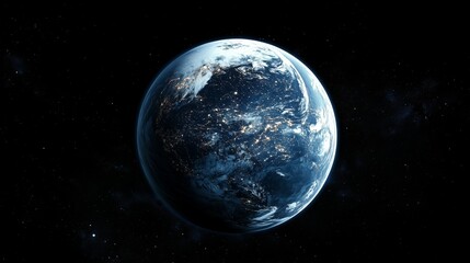 Earth stars and light. A globe with a panoramic view of earth in space. A city with a city with lights and clouds. Planet earth adorned with lifestyle stars and illumination.