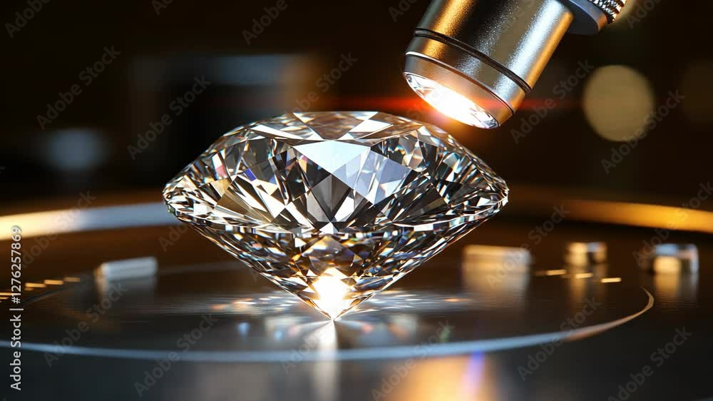 Poster close examination of a sparkling diamond under magnifying light in a gemological lab setting