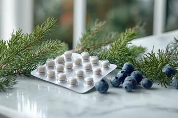A minimalistic arrangement of juniper capsules on a marble surface surrounded by fresh juniper branches and blueberries