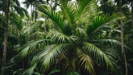 Fototapeta premium Lush Tropical Forest with Vibrant Palm Leaves Creating a Dense Green Canopy