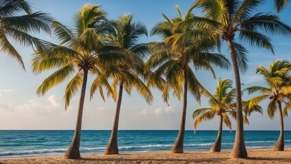 Fototapeta premium Tropical Palm Trees Lining A Tranquil Beach Under A Clear Blue Sky With Serene Ocean Waves In The Background