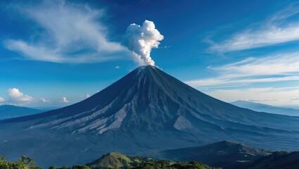 Fototapeta premium Majestic Volcano Erupting with Smoke Under Clear Blue Sky in Panoramic View with Lush Green Landscape in the Foreground
