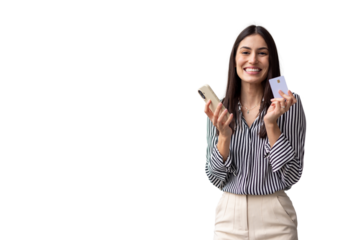 Young Latina woman holding a phone and credit card for online shopping