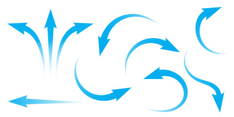 Air flow. Set of blue arrows showing direction of air movement. Wind direction arrows. Blue cold fresh stream from the conditioner.