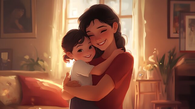 A mother embracing her child in a cozy living room, both smiling with warmth and happiness, surrounded by soft lighting and a homely atmosphere 