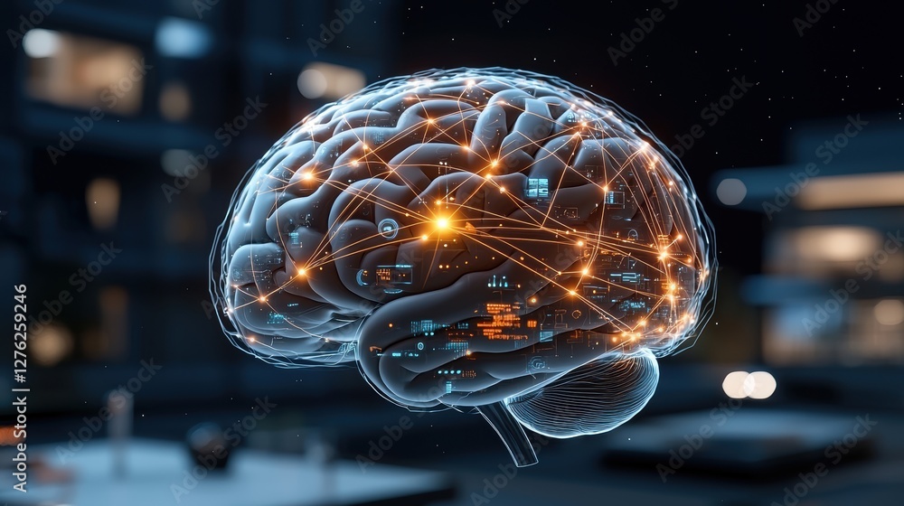 Poster a futuristic representation of a brain illuminated with glowing connections, symbolizing advanced te