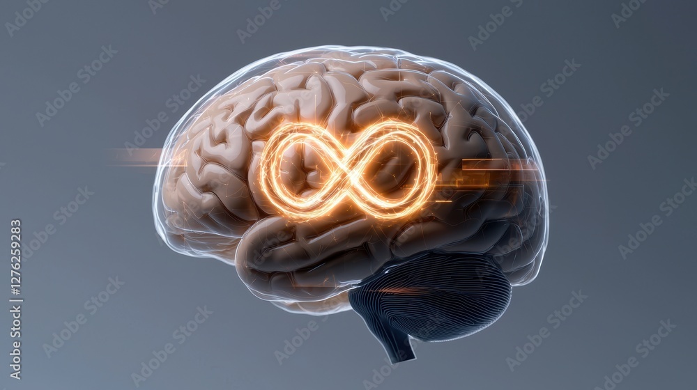 Poster a digital rendering of a brain with an infinity symbol, representing limitless potential and cogniti