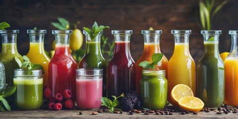 Refreshingly Colorful Array of Detox Juice Bottles Surrounded by Fresh Fruits and Herbs on Wooden Background for Healthy Lifestyle Promotion.