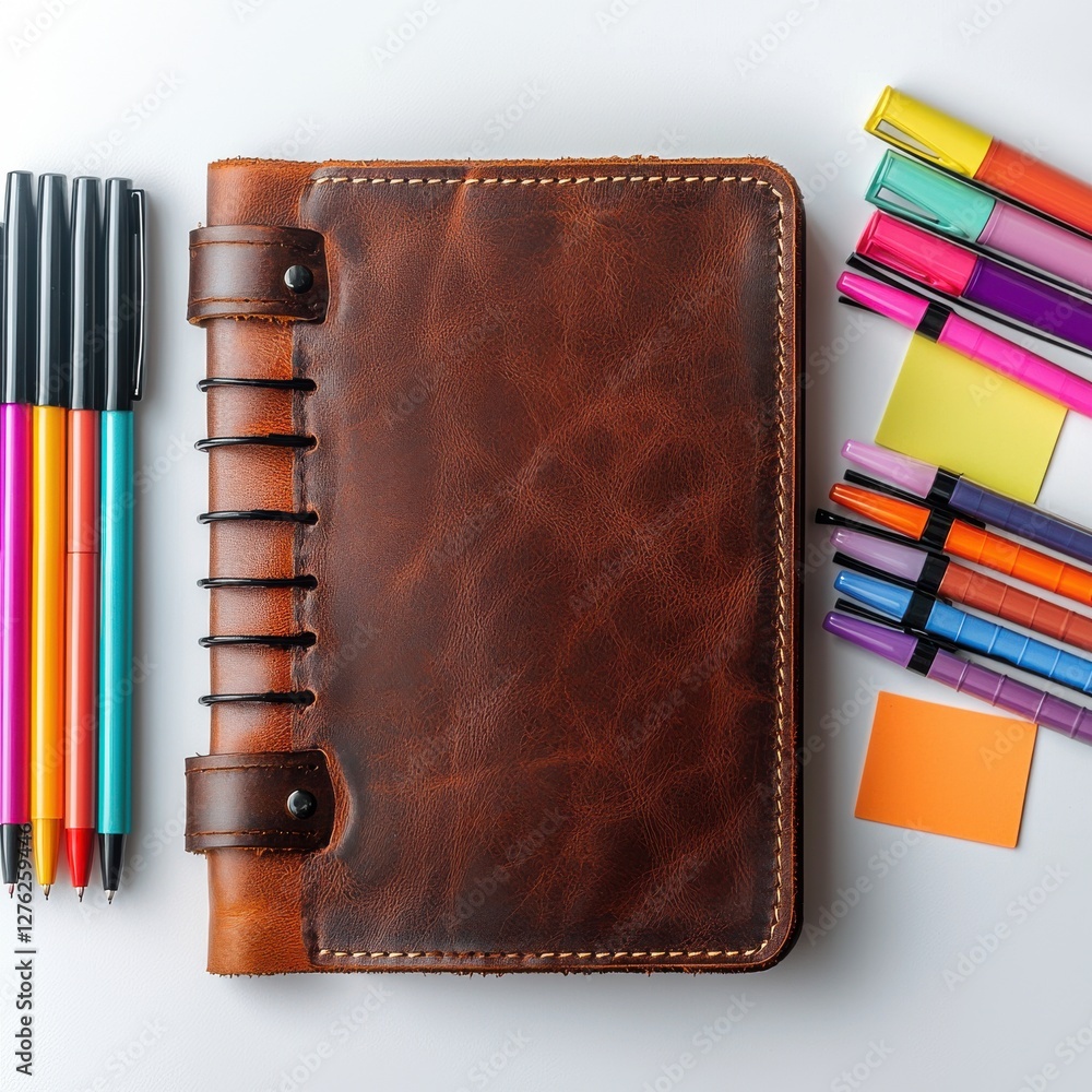 Poster leather-bound journal with colorful markers and sticky notes, creating a vibrant and inviting worksp