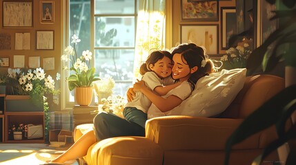 A mother embracing her child in a cozy living room, both smiling with warmth and happiness, surrounded by soft lighting and a homely atmosphere 