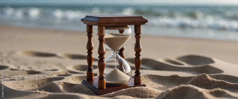 Aufkleber hourglass clock on sandy beach with ocean in background and empty space for text or copy showing the