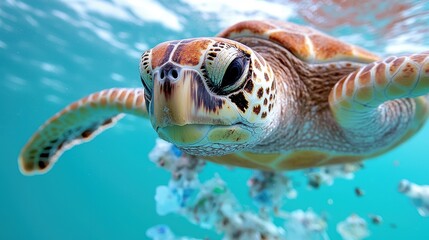 Fototapeta premium A close-up of a sea turtle swimming gracefully underwater, showcasing its intricate shell patterns and vibrant ocean surroundings.
