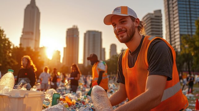 A person in a safety vest collects trash in a city park during sunset, promoting community cleanup and environmental awareness.