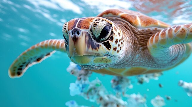 A close-up of a sea turtle swimming gracefully underwater, showcasing its intricate shell patterns and vibrant ocean surroundings.